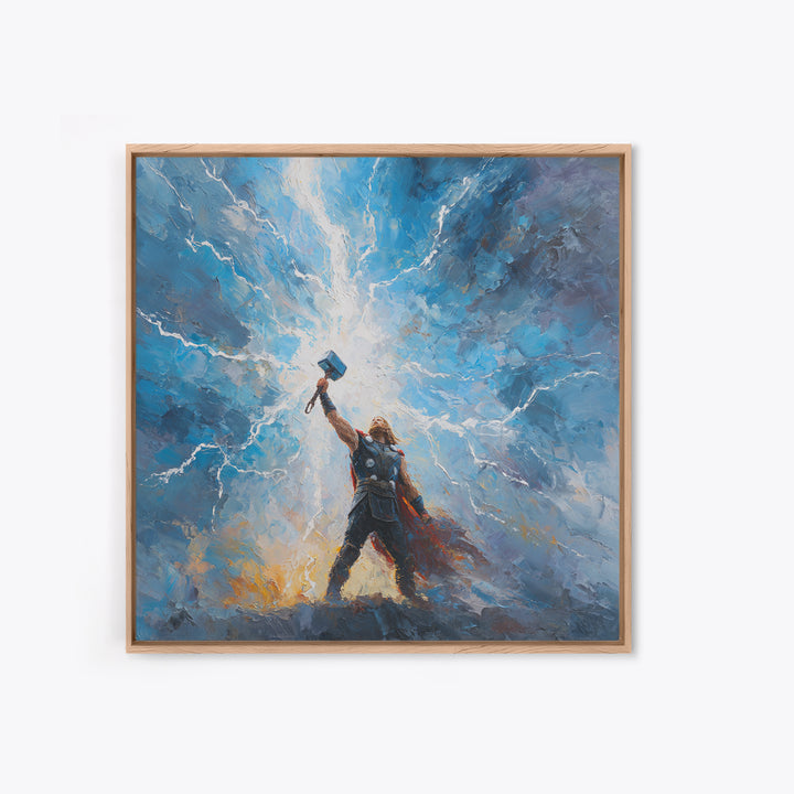Thunder God Raising Hammer Wall Art, Norse Mythology Canvas Print, Lightning Storm Oil Painting, Viking Decor Gift For Him