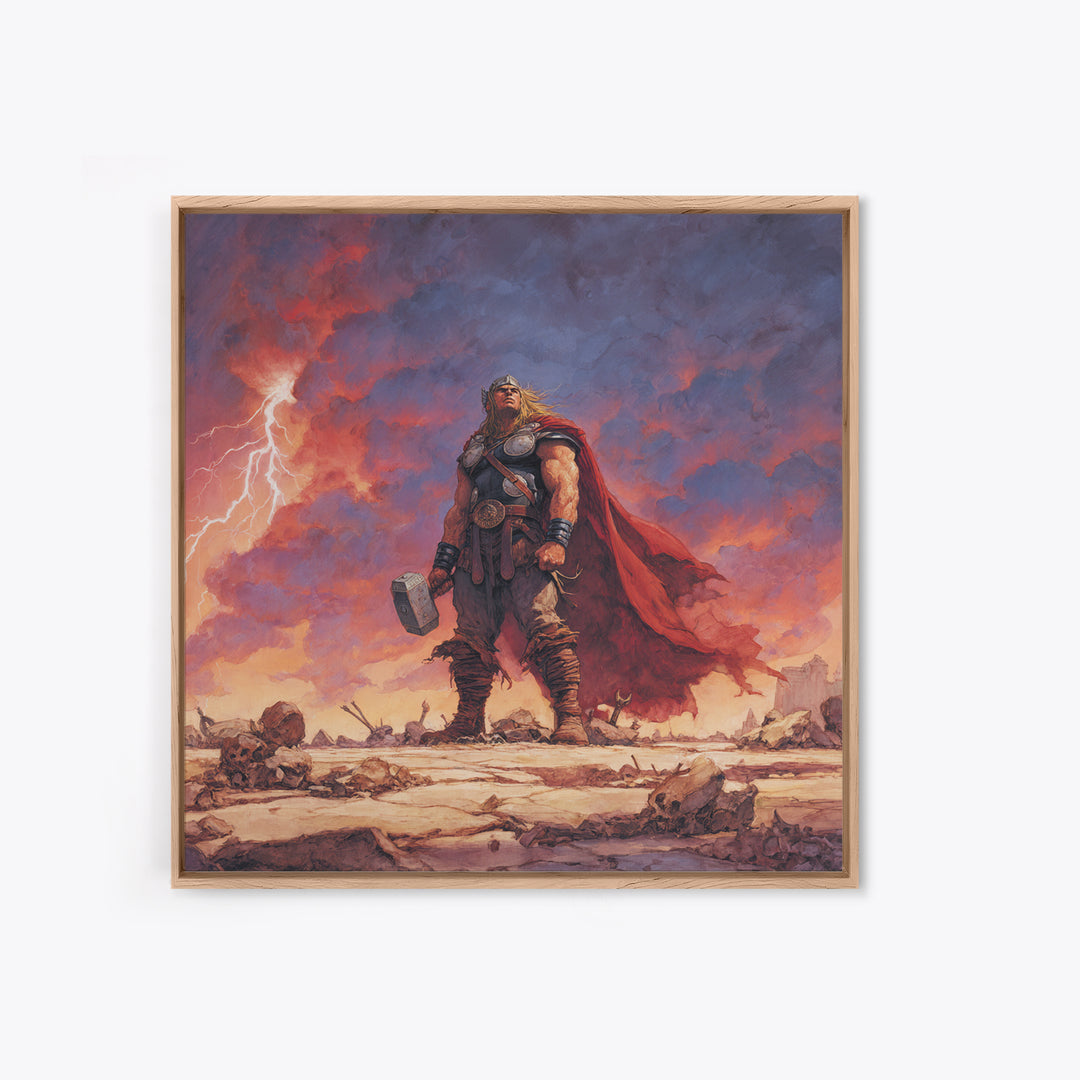 Thunder God With Hammer And Stormy Lightning Sky, Epic Viking Canvas Print, Norse Mythology Wall Art, Fantasy Warrior Decor