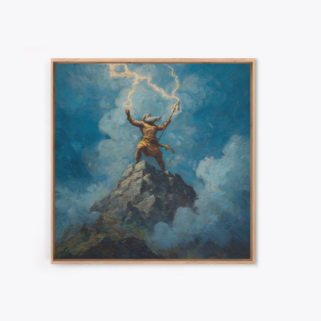 Thunder God Raising Lightning On Mountain Peak Wall Art, Mythological Art Print, Fantasy Art, Dramatic Office Decor, Gift