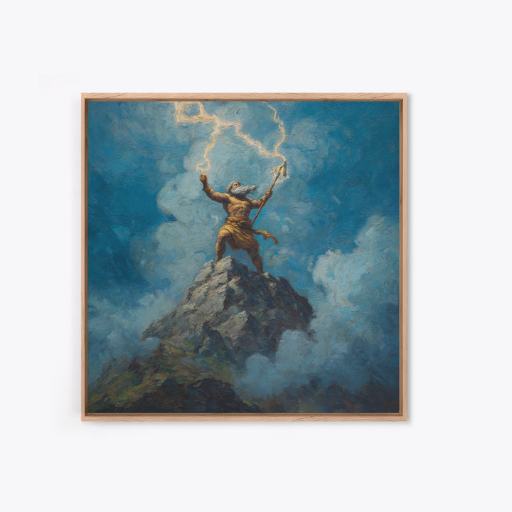 Thunder God Raising Lightning On Mountain Peak Wall Art, Mythological Art Print, Fantasy Art, Dramatic Office Decor, Gift