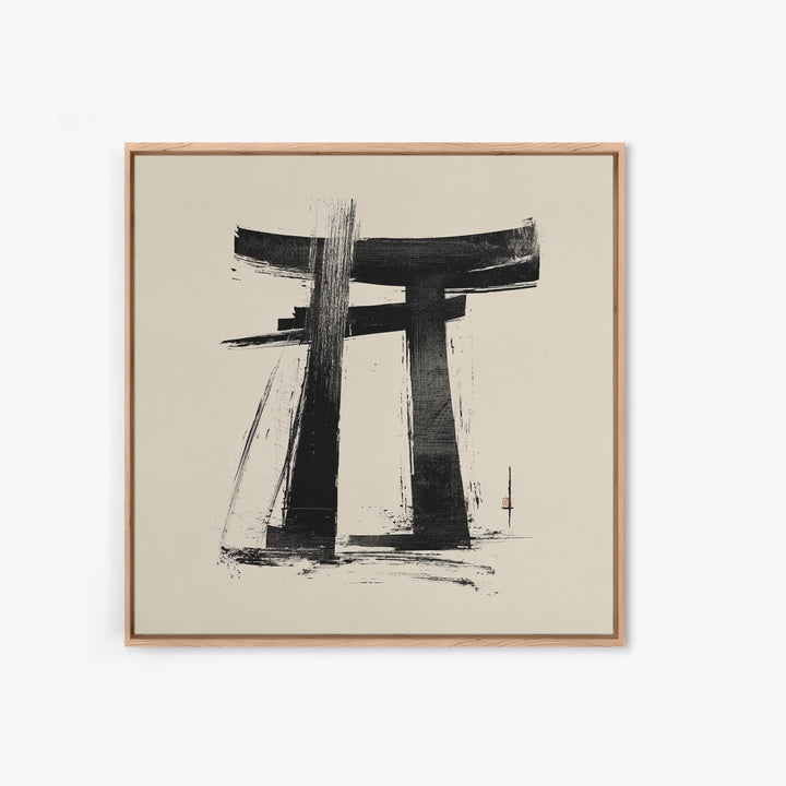 Minimalist Japanese Torii Gate Ink Painting Wall Art, Black And White Zen Decor Framed Canvas Print