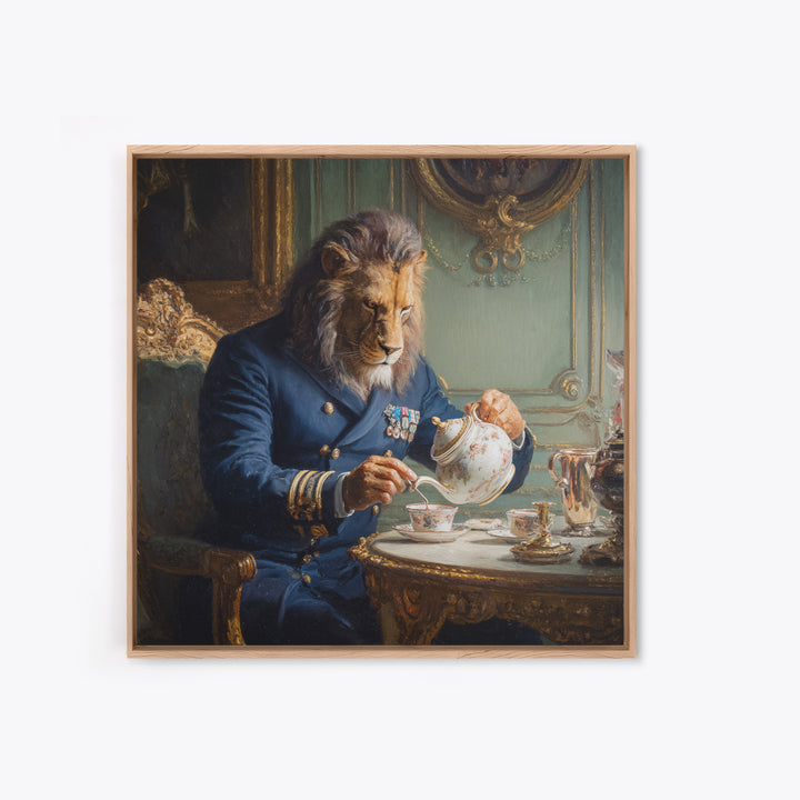 Lion Admiral Pouring Tea Wall Art, Whimsical Animal Portrait, Royal Navy Home Decor, Maximalist Canvas, Unique Gift For Him