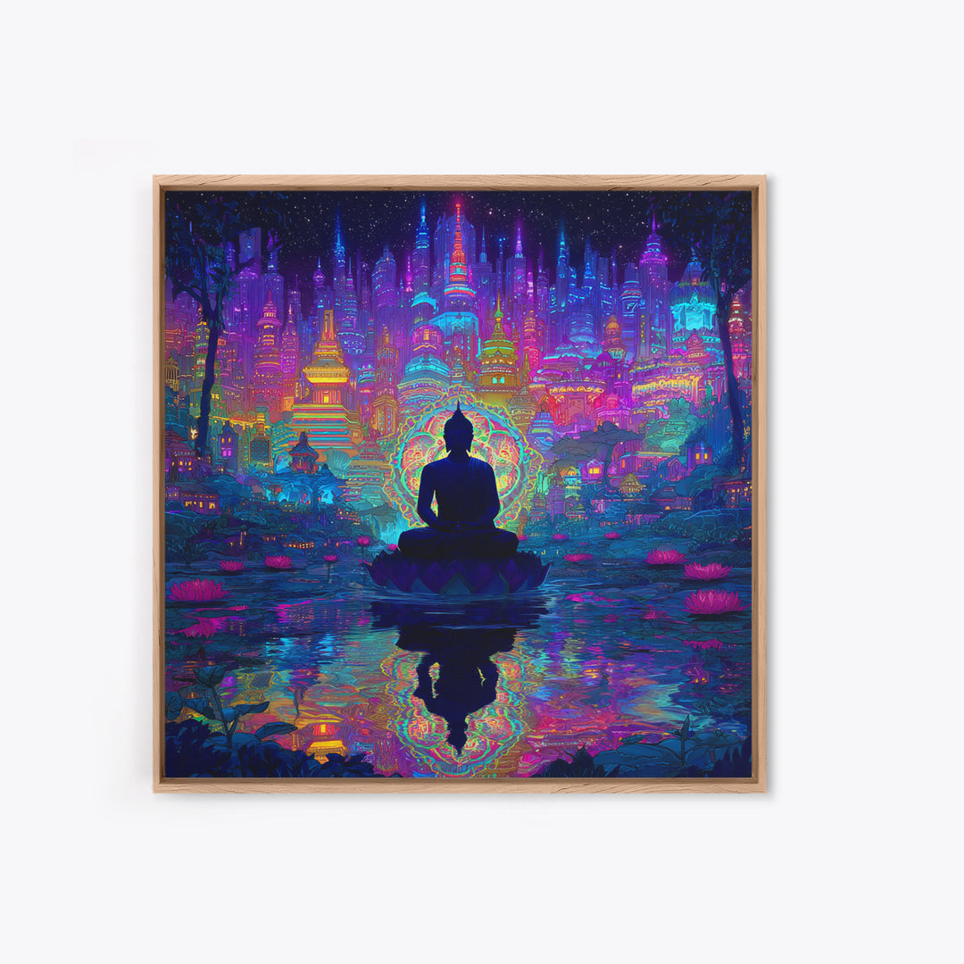 Neon Buddha Cityscape Meditation Wall Art, Spiritual Cyberpunk Canvas Print, Colorful Zen Meditation Room Decor