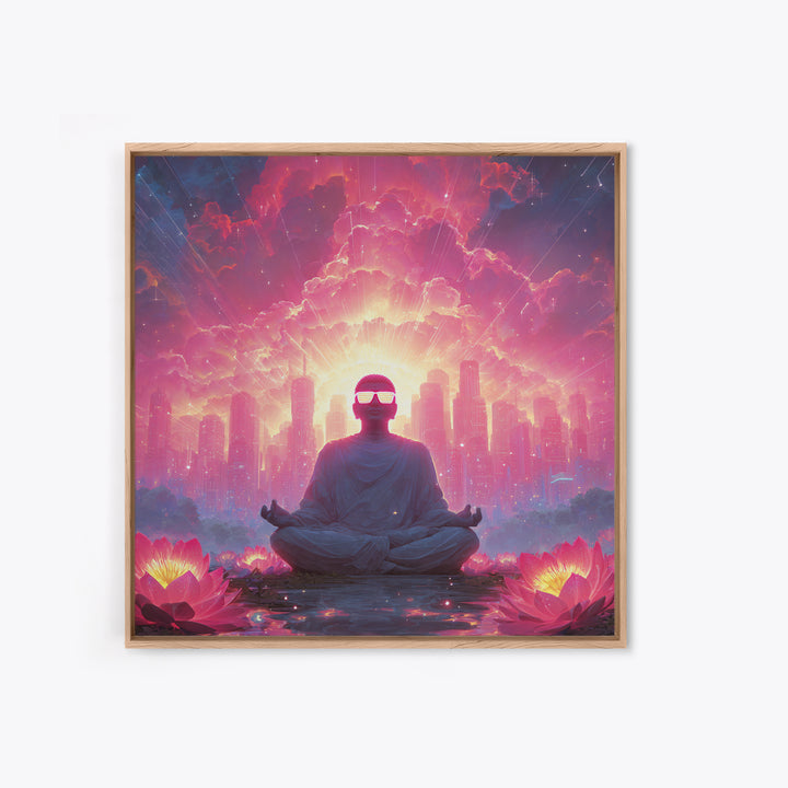 Neon Buddha Cityscape Meditation Wall Art, Psychedelic Lotus Sunset Canvas Print, Futuristic Spiritual Decor For Modern Living Room