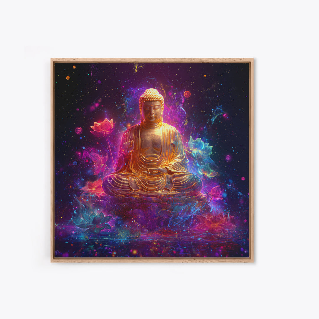 Golden Buddha In Cosmic Lotus Galaxy Wall Art, Celestial Spiritual Decor, Meditation Zen Art Print For Modern Home Decor