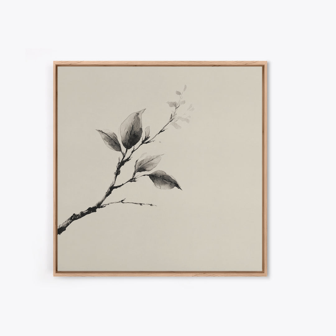 Minimal Ink Botanical Branch Wall Art, Neutral Japandi Nature Print, Calm Wabi Sabi Style Above Bed Framed Canvas Print