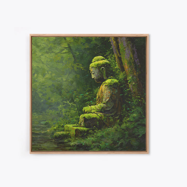 Serene Green Moss Covered Buddha Statue Wall Art Oil Painting Canvas Print For Peaceful Zen Home Decor And Meditation Room Wall