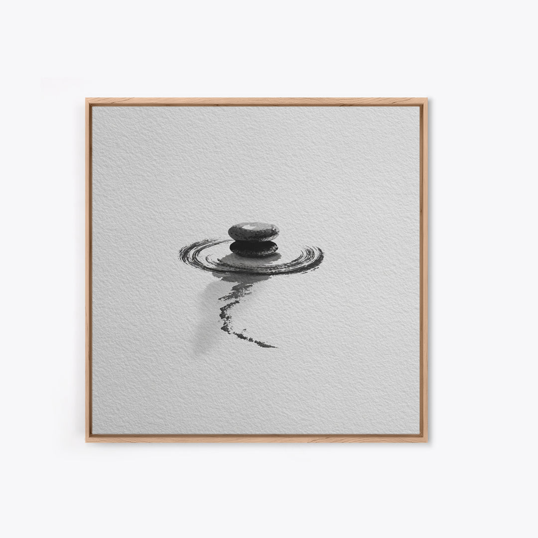 Minimalist Zen Stones Water Ripple Framed Canvas Print Black And White Wall Art Calming Bathroom Decor Modern Spa Wall Art