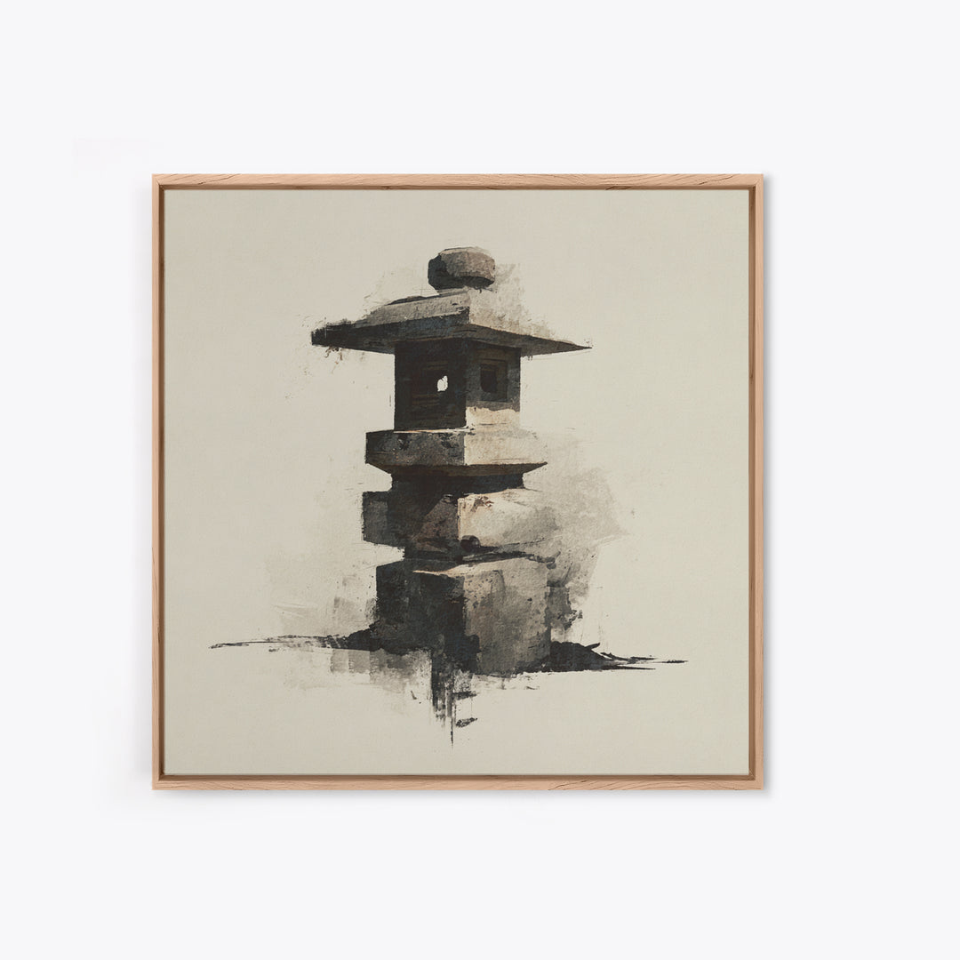 Minimal Japanese Stone Lantern Wall Art, Ink Style Zen Painting, Wabi Sabi Neutral Print For Japandi Home Decor And Entryway