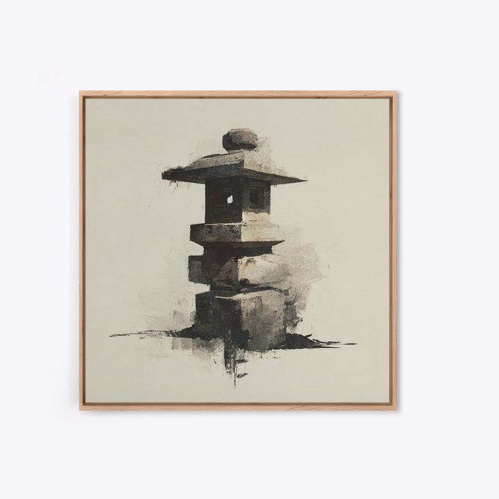 Minimal Japanese Stone Lantern Wall Art, Ink Style Zen Painting, Wabi Sabi Neutral Print For Japandi Home Decor And Entryway