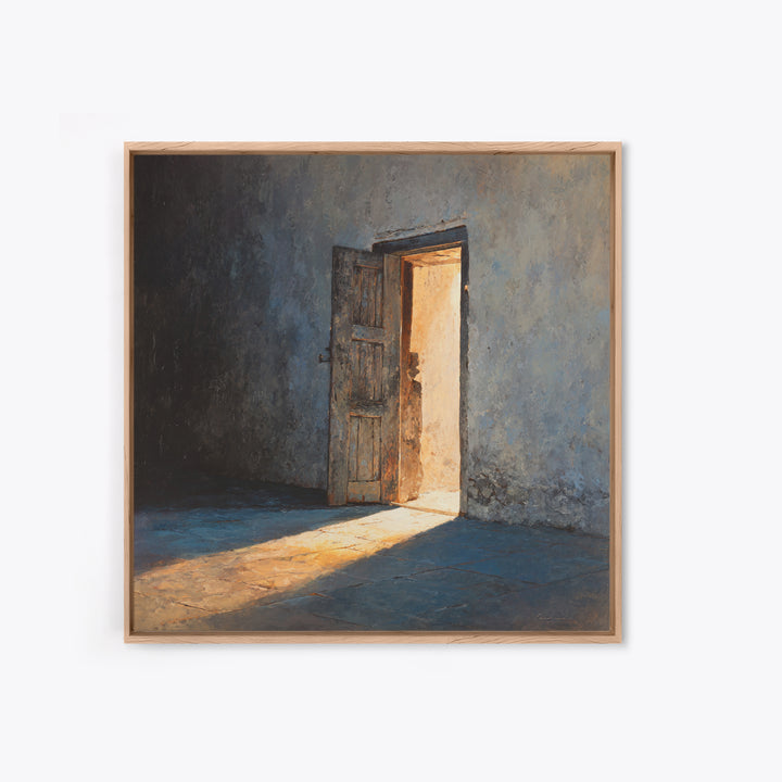 Sunlit Open Door Textured Wall Art Framed Canvas Print, Minimalist Rustic Decor, Moody Wall Art For Entryway Or Living Room