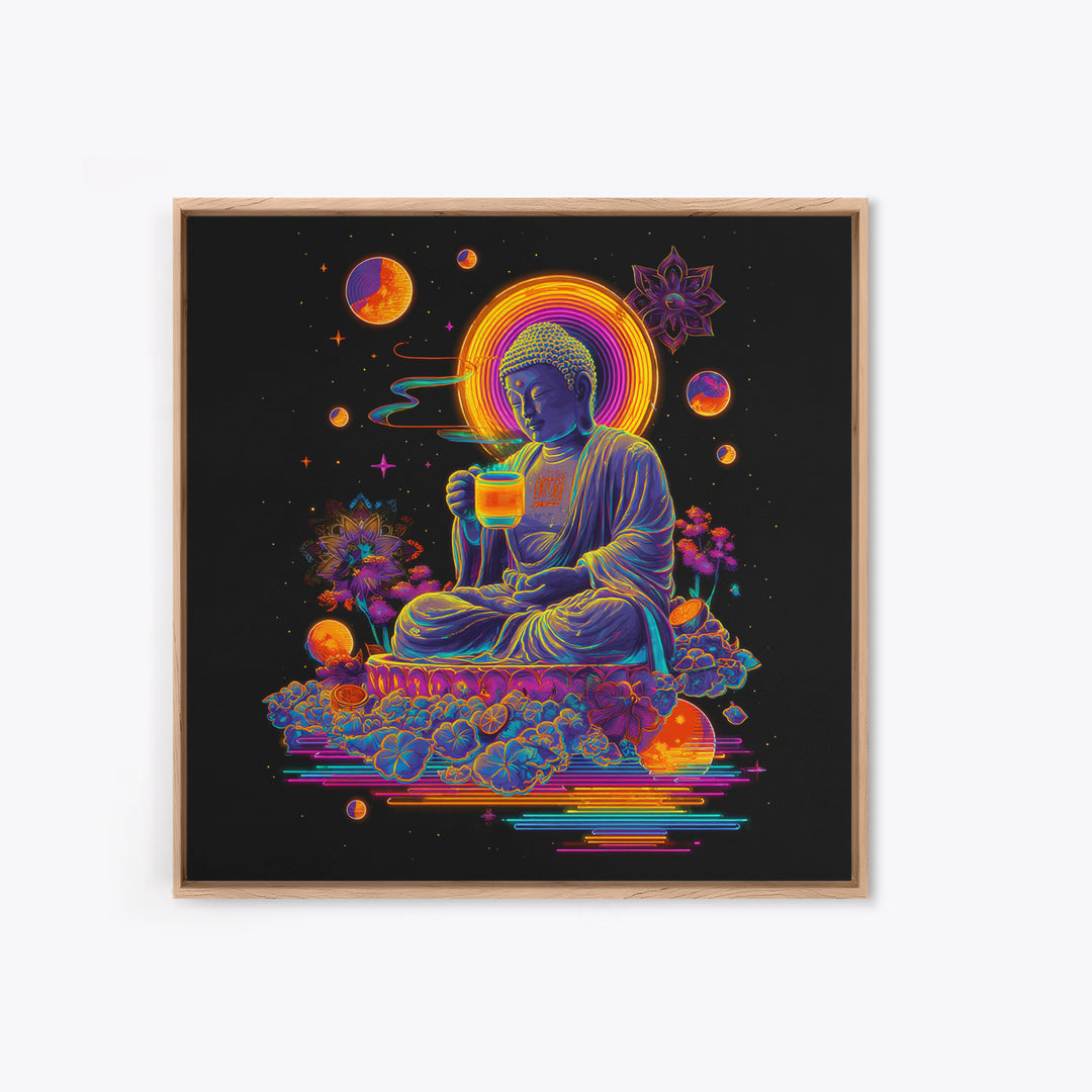 Colorful Neon Buddha With Celestial Elements Wall Art Canvas Print Spiritual Modern Home Decor Gift