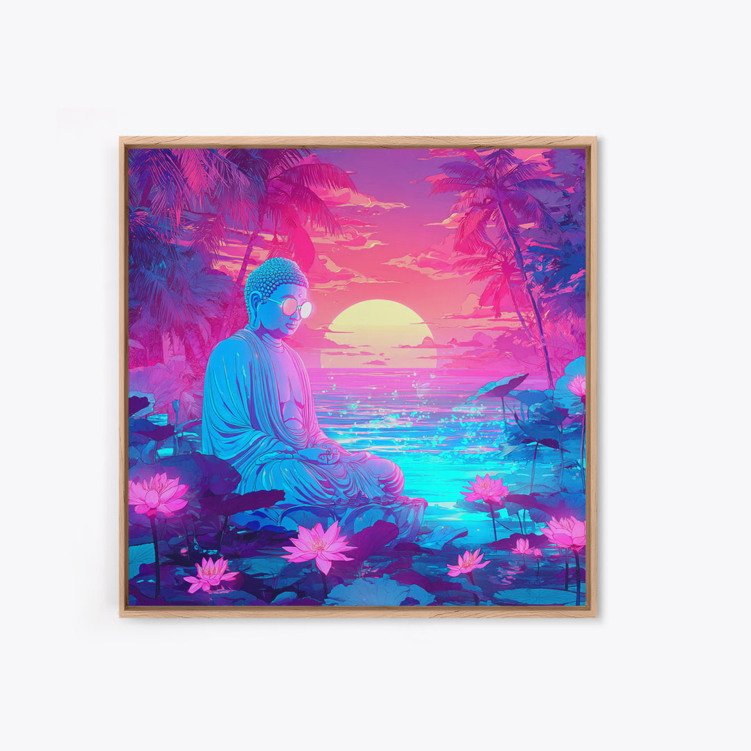 Neon Buddha Meditating By Futuristic Ocean Sunset Wall Art, Psychedelic Zen Lotus Canvas Print