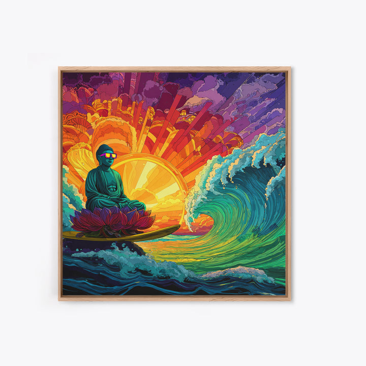 Psychedelic Surfing Buddha In Neon Sunset Waves Wall Art, Trippy Spiritual Canvas Print, Modern Boho Home Decor