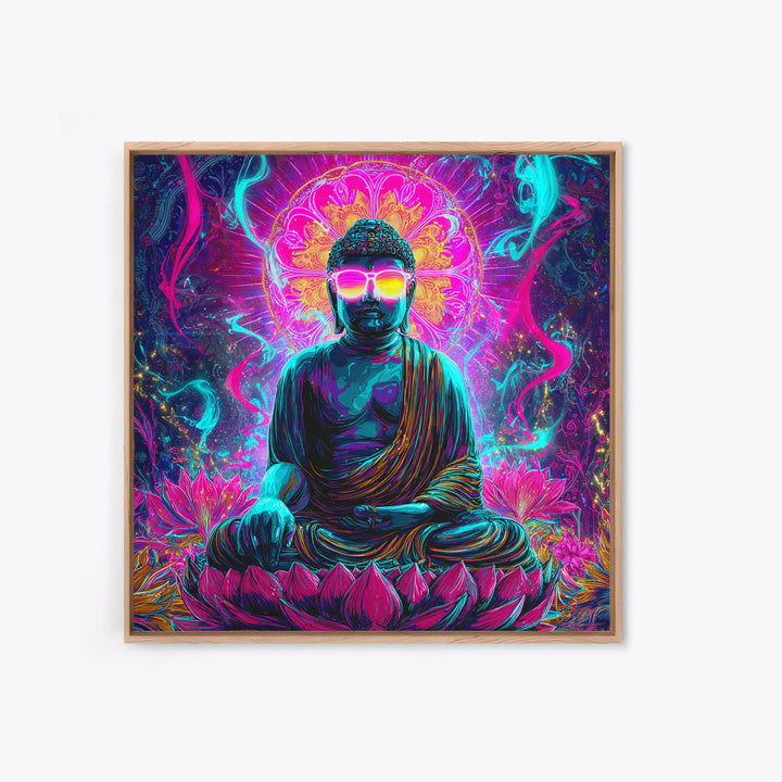 Neon Psychedelic Buddha Sitting On Lotus Flower Spiritual Wall Art Canvas Print Bright Vibrant Home Decor