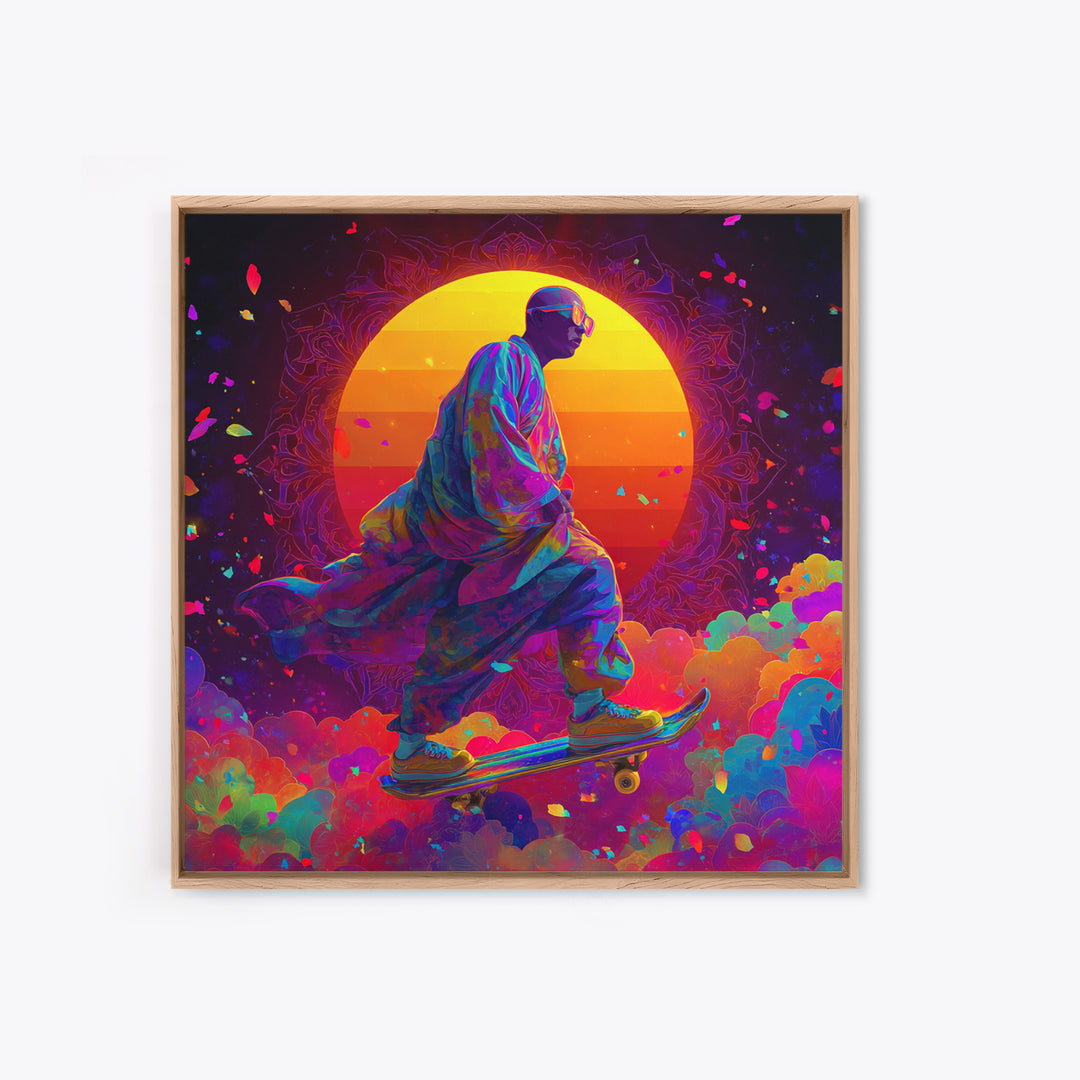 Psychedelic Skater Monk Wall Art Canvas Print, Colorful Abstract Art, Trippy Room Decor, Gaming Room Art, Trendy Wall Art