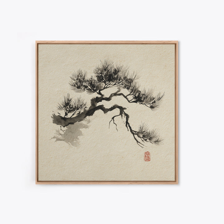 Japanese Ink Pine Tree Wall Art, Minimal Sumi E Landscape Framed Canvas Print, Wabi Sabi Zen Decor For Calm Modern Home Or Office