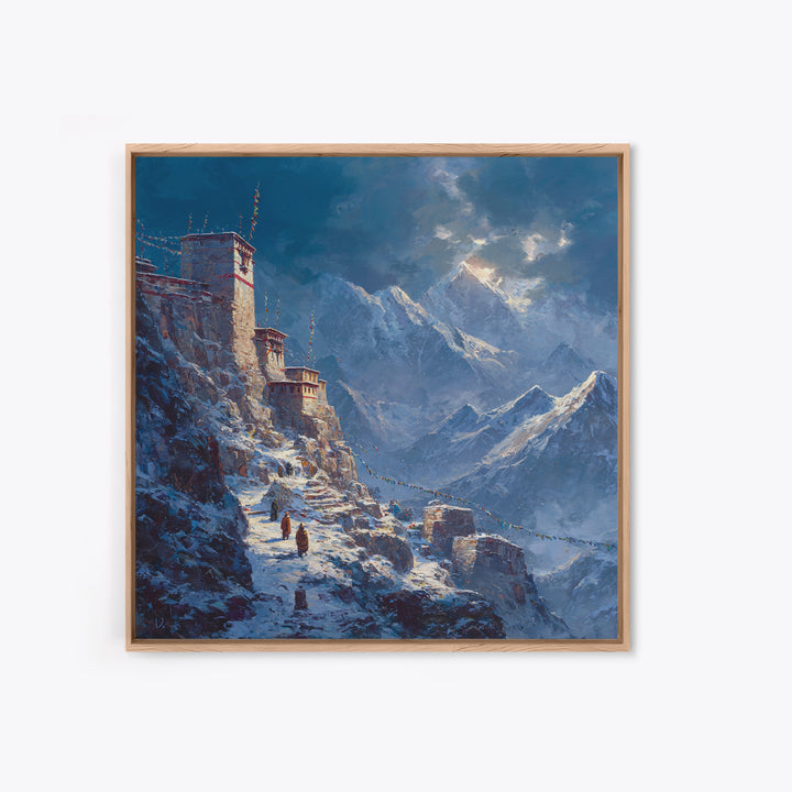 Himalayan Monastery Mountain Snow Wall Art, Dramatic Winter Landscape Canvas Print, Moody Travel Home Decor