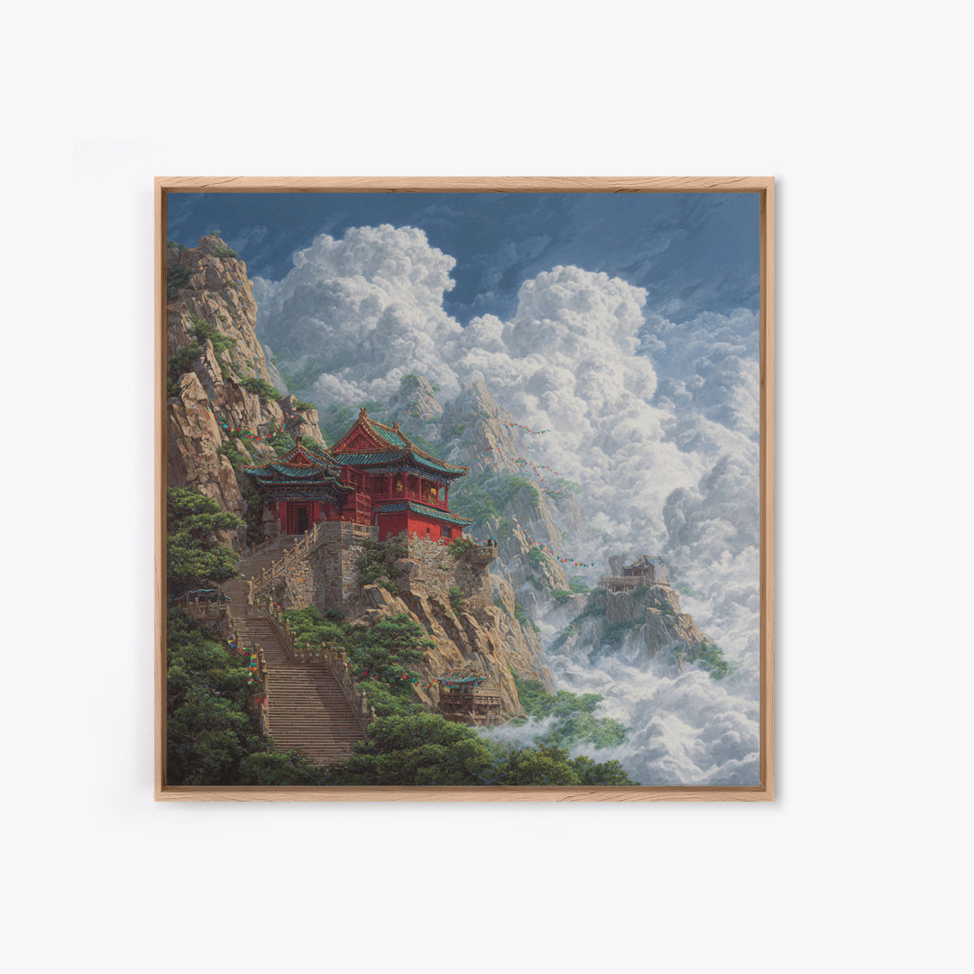 Temple Above The Clouds Fantasy Mountain Landscape Wall Art, Asian Inspired Nature Home Decor, Large Canvas Print