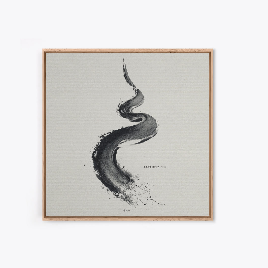 Minimal Black Ink Brushstroke Abstract Wall Art, Modern Zen Line Framed Canvas Print, Monochrome Contemporary Decor
