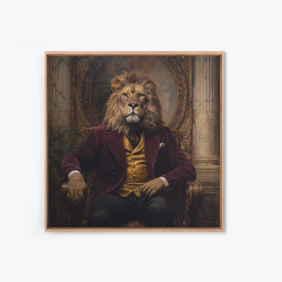 Majestic Lion In Burgundy Suit Framed Canvas Print, Victorian Animal Portrait, Dark Academia Office Decor, Luxury Wall Decor
