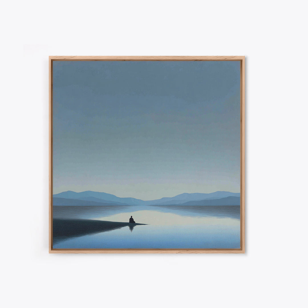 Minimalist Lake Meditation Landscape Wall Art, Calming Blue Mountains Canvas Print, Modern Living Room Decor Artwork