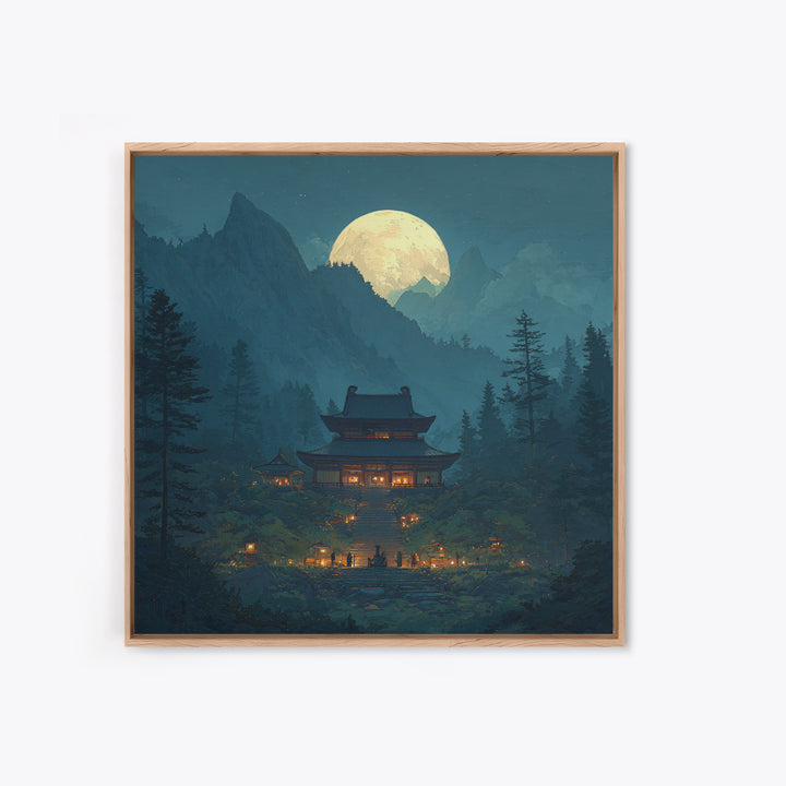 Moonlit Mountain Temple Landscape Wall Art Large Framed Canvas Print For Zen Meditation Room And Mystical Home Decor
