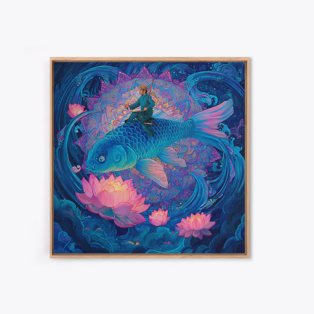 Surreal Fisherman Riding Koi Fantasy Art Wall Art, Celestial Mandala Canvas Print, Mystical Ocean Decor Whimsical Illustration