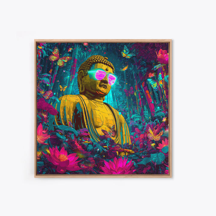 Neon Jungle Buddha With Butterflies Wall Art, Psychedelic Spiritual Canvas Print, Colorful Boho Home Decor