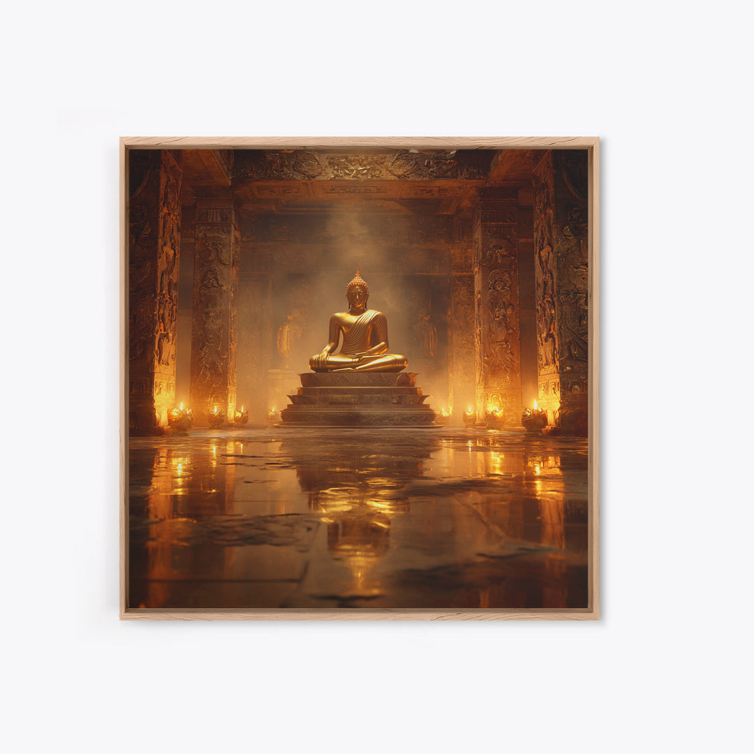 Golden Buddha Temple Wall Art, Serene Zen Statue Framed Canvas Print, Meditation Room Decor, Spiritual Asian Inspired Home Decor