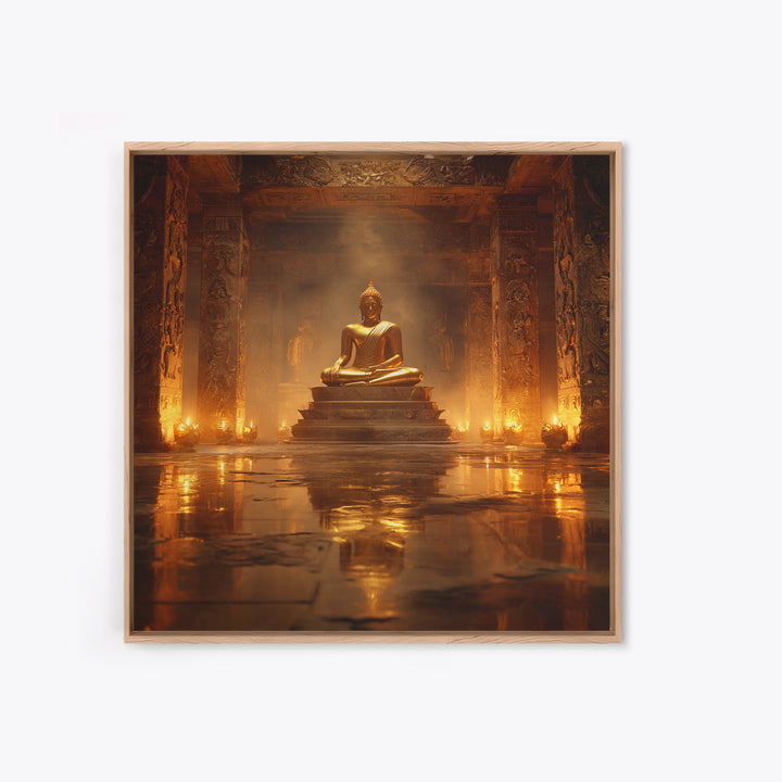 Golden Buddha Temple Wall Art, Serene Zen Statue Framed Canvas Print, Meditation Room Decor, Spiritual Asian Inspired Home Decor