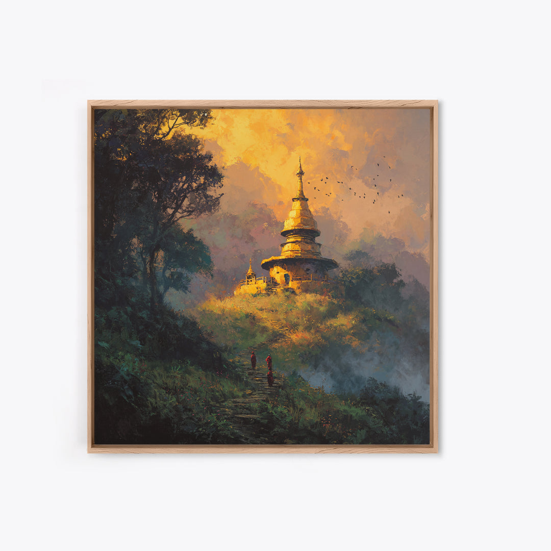 Golden Temple On Hill With Monks Walking Misty Path Wall Art Framed Canvas Print For Spiritual Home Decor