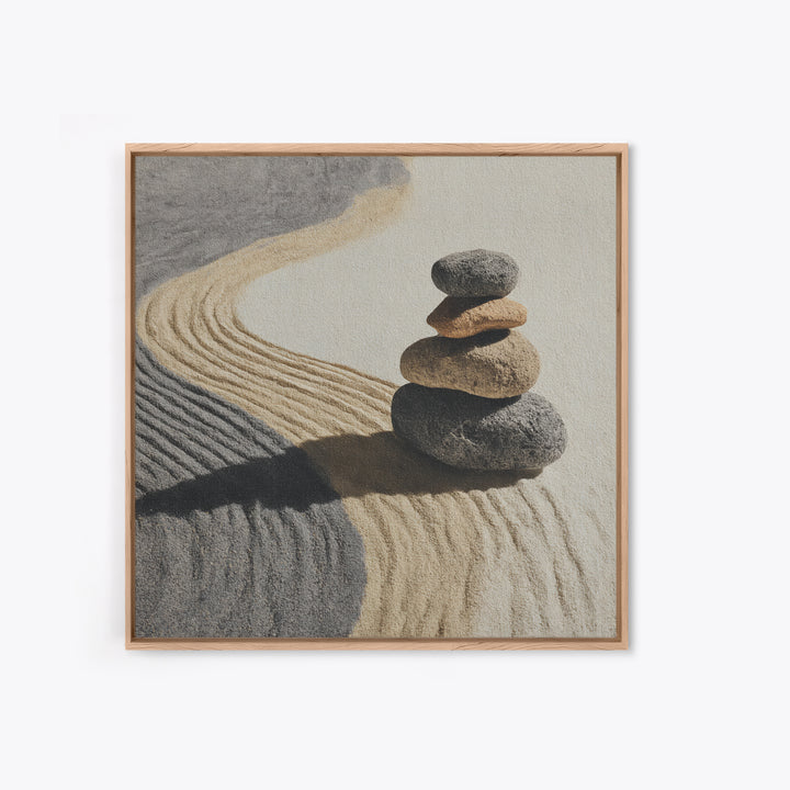 Zen Stones In Raked Sand Minimalist Wall Art, Neutral Abstract Canvas Print For Calming Modern Home Decor Living Room