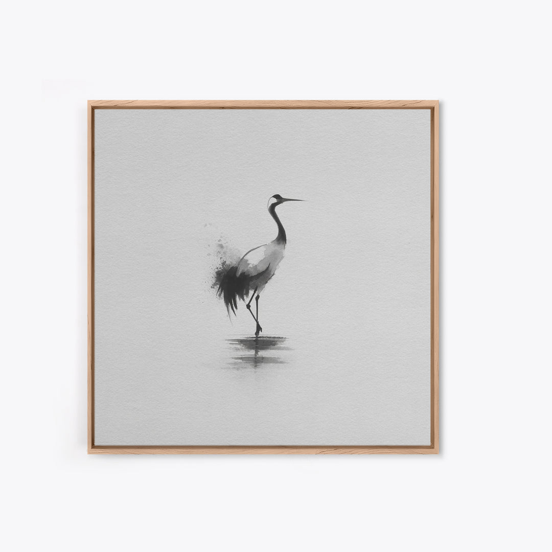 Minimal Japanese Crane Ink Wall Art, Black And White Bird Painting Canvas Print, Zen Nature Decor For Modern Home