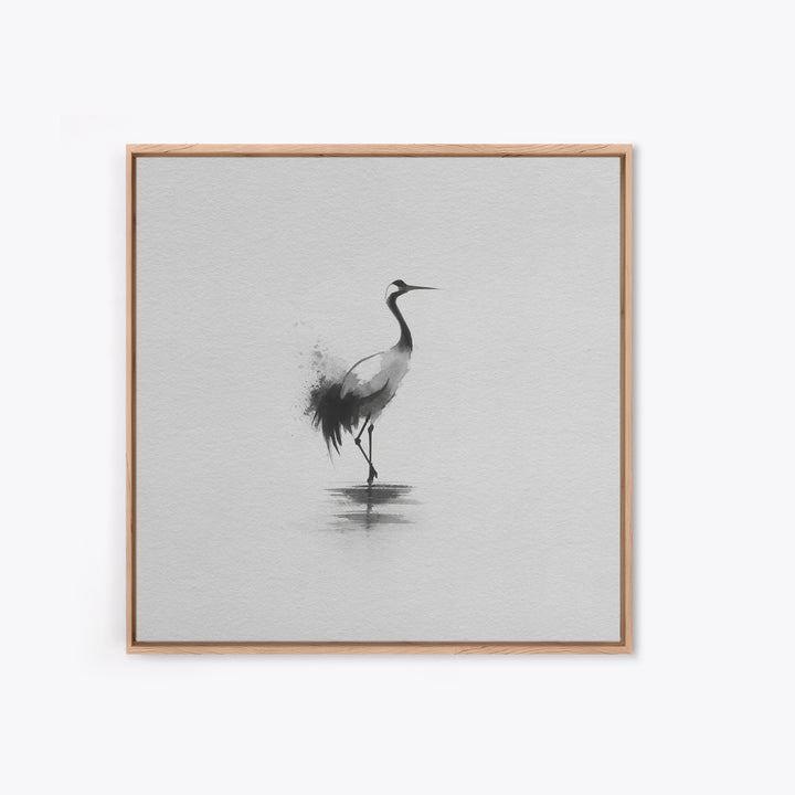 Minimal Japanese Crane Ink Wall Art, Black And White Bird Painting Canvas Print, Zen Nature Decor For Modern Home