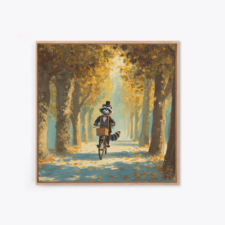 Whimsical Raccoon Riding Bicycle Wall Art, Cozy Autumn Woodland Animal Painting, Storybook Nursery Decor, Cute Kids Room Art