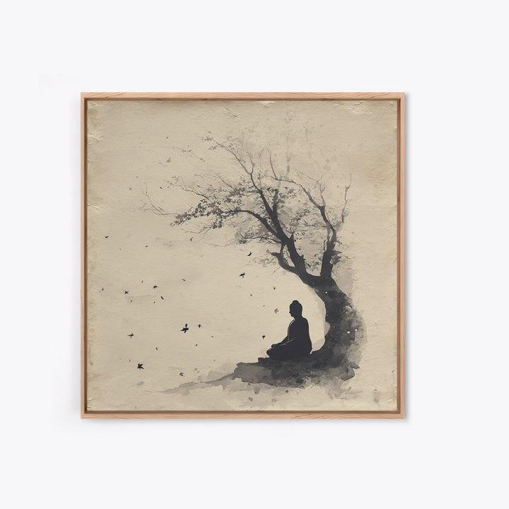 Calm Minimalist Ink Style Buddha Silhouette Under Tree Tranquil Wall Art Canvas Print Meditation Room Décor