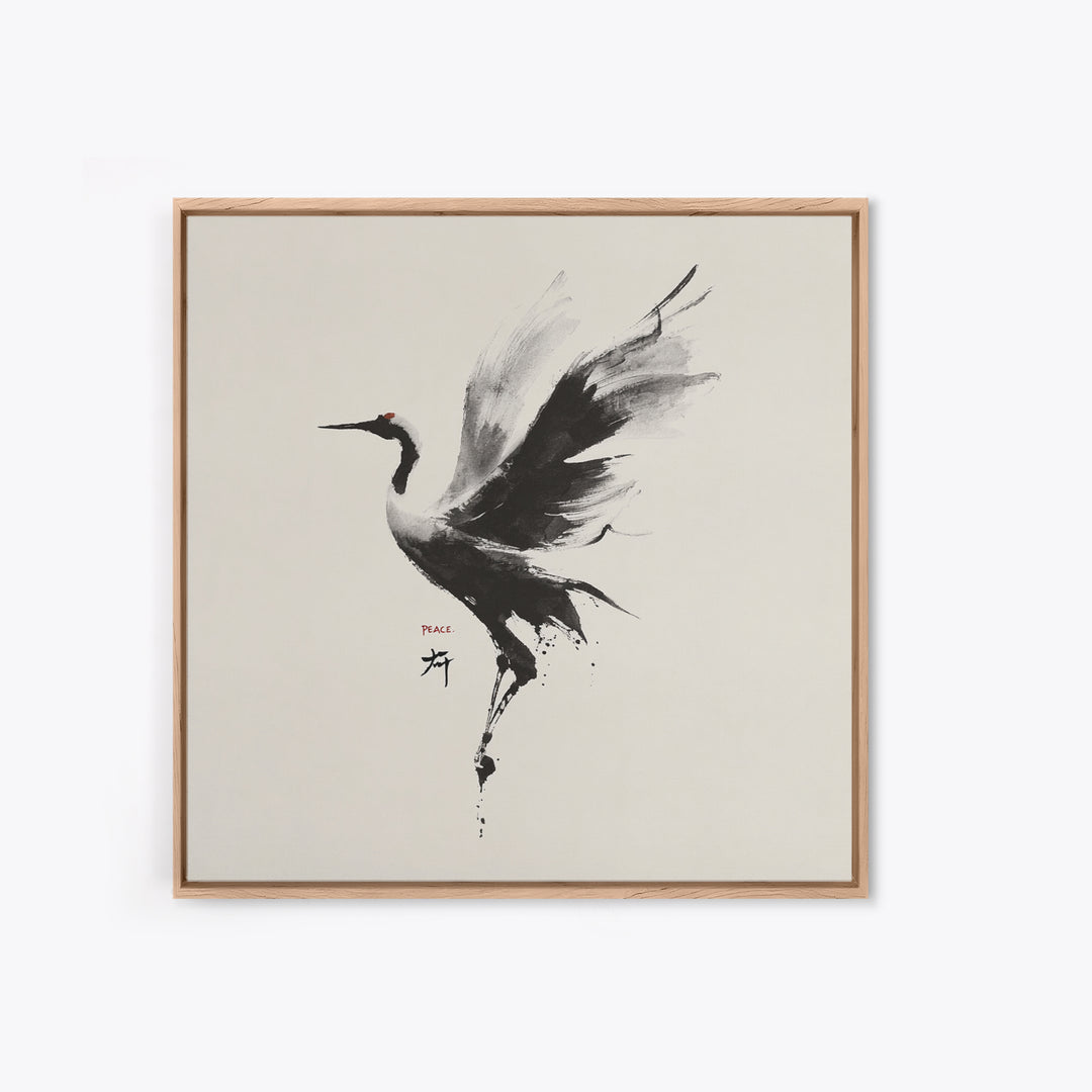 Japanese Ink Crane Bird Wall Art, Minimal Black And White Animal Canvas Print, Zen Japandi Home Decor
