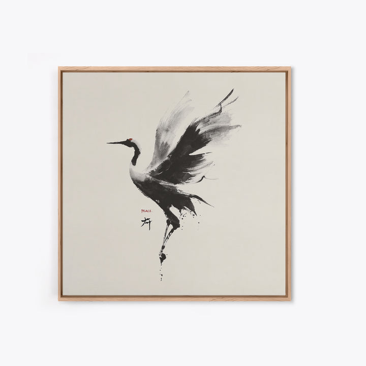 Japanese Ink Crane Bird Wall Art, Minimal Black And White Animal Canvas Print, Zen Japandi Home Decor