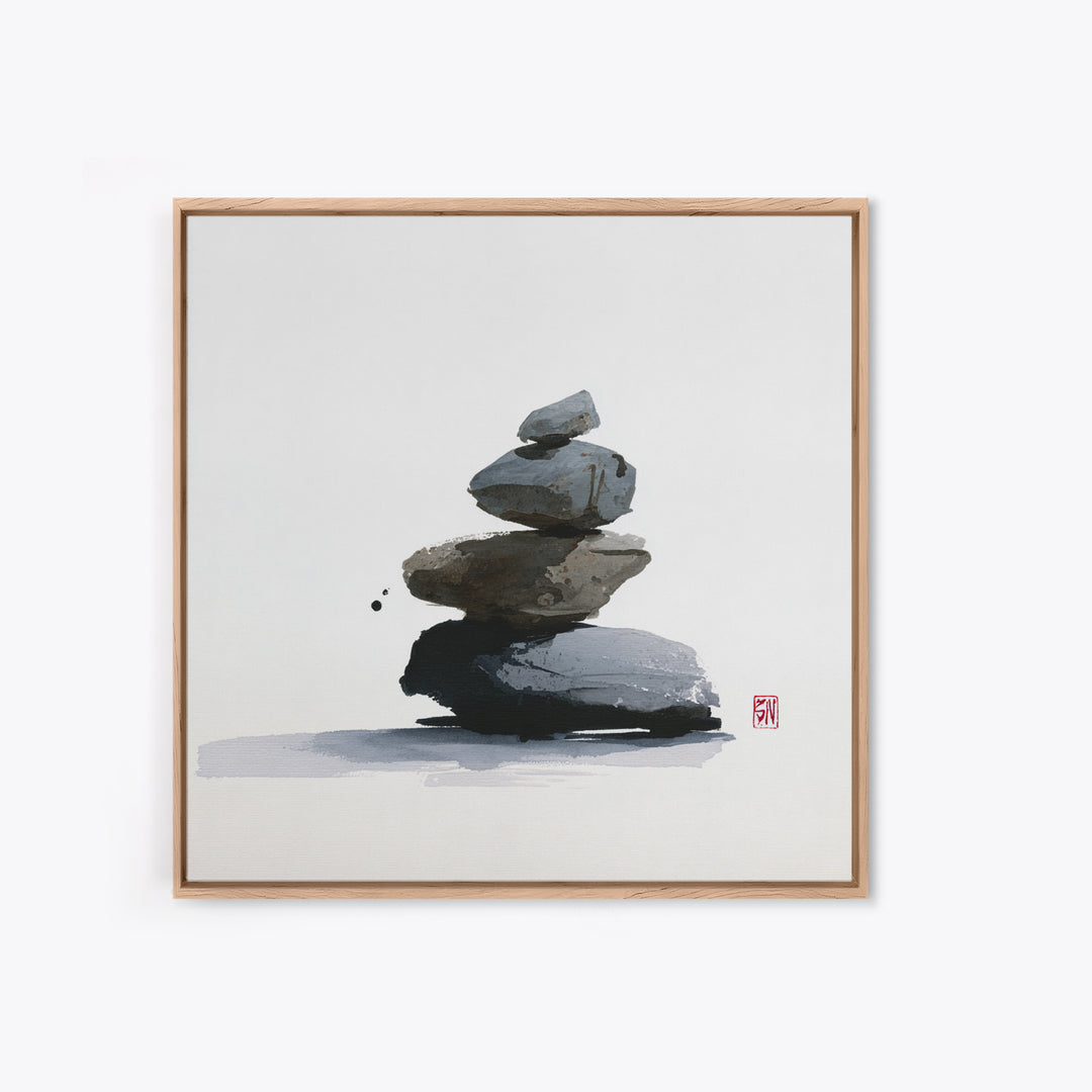 Minimal Zen Rock Stack Wall Art, Japanese Ink Stone Balance Canvas Print, Calm Japandi Home Decor