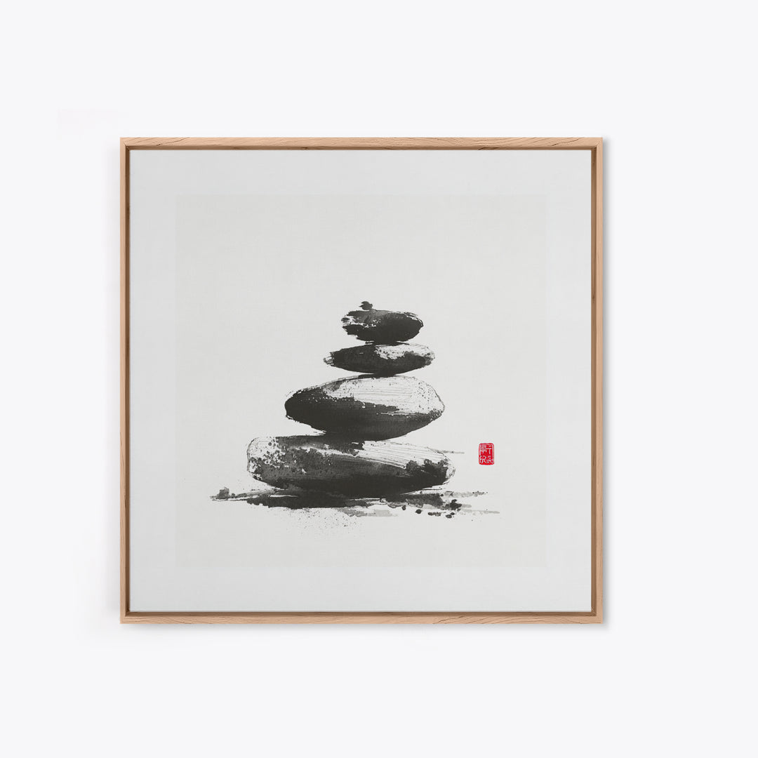 Zen Stone Stack Wall Art, Minimal Japanese Ink Rock Painting Canvas Print, Calming Spa Bathroom And Yoga Decor