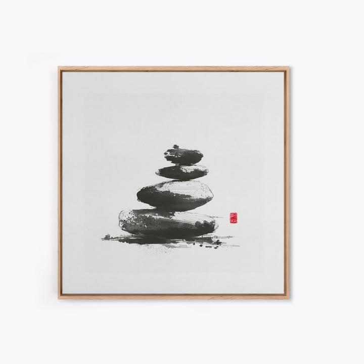 Zen Stone Stack Wall Art, Minimal Japanese Ink Rock Painting Canvas Print, Calming Spa Bathroom And Yoga Decor