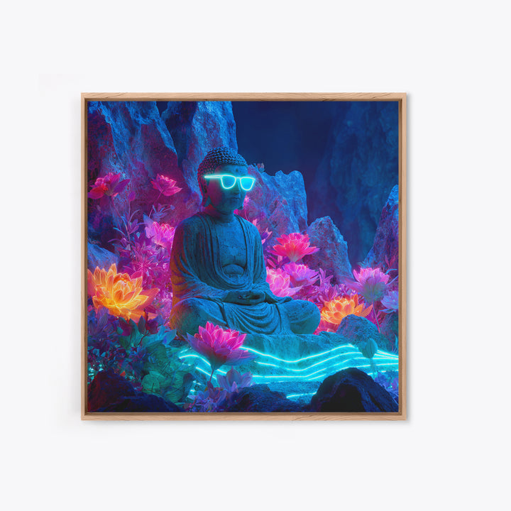 Neon Buddha Lotus Garden Canvas Print, Glowing Meditation Wall Art, Psychedelic Spiritual Decor For Yoga Room Or Boho Home