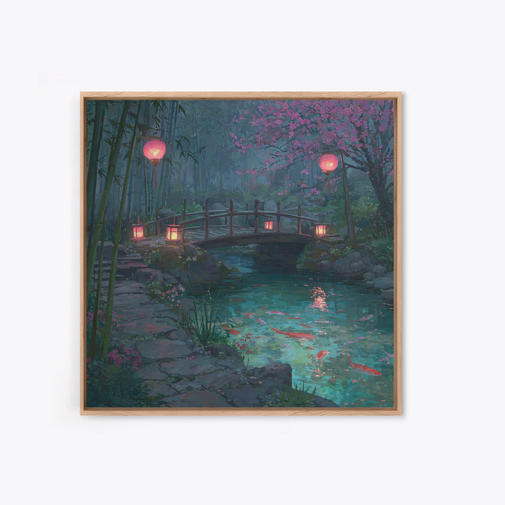Serene Japanese Garden With Koi Fish And Lanterns Wall Art For Tranquil Home Decor Framed Canvas Print
