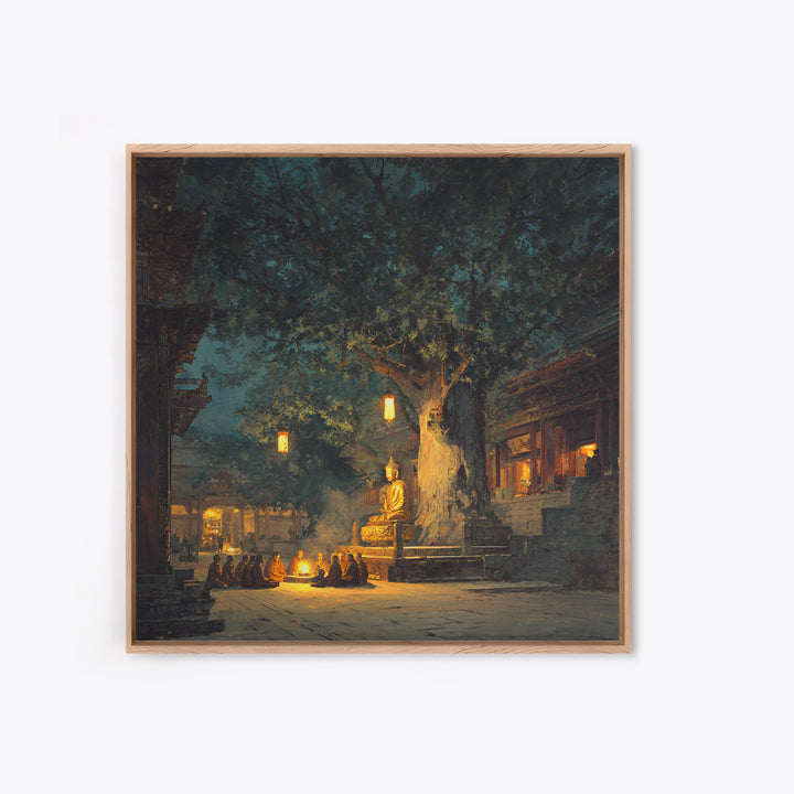 Moonlit Temple Gathering Wall Art, Mystical Night Buddha Landscape Canvas Print, Moody Spiritual Home Decor