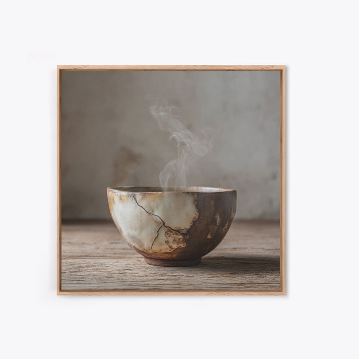 Wabi Sabi Ceramic Tea Bowl Wall Art, Rustic Japanese Canvas Print, Minimal Neutral Kitchen Decor, Organic Modern Home Wall Art