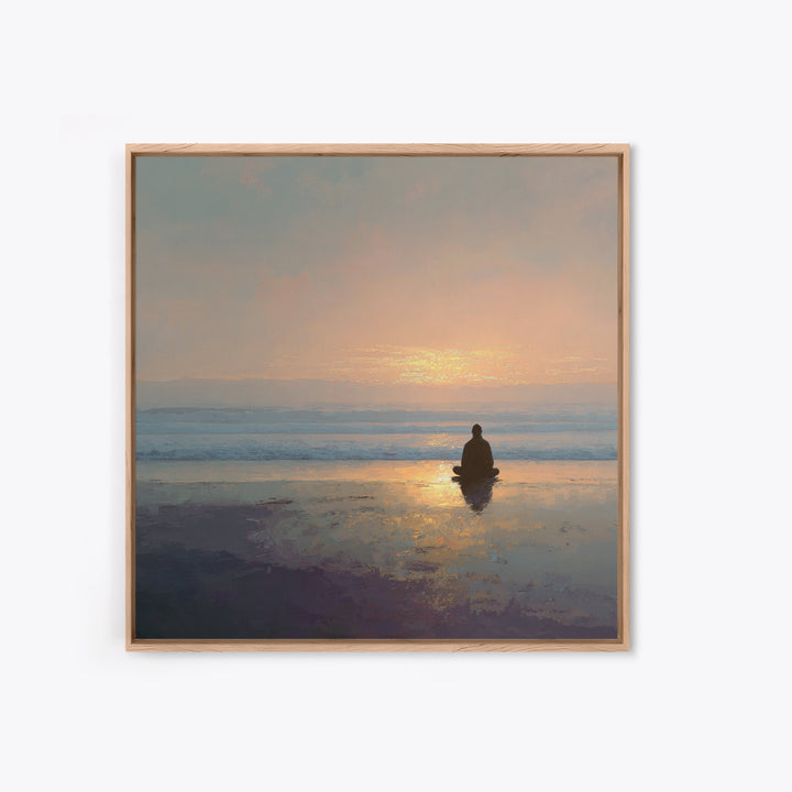 Meditation On Beach At Sunrise Wall Art, Minimalist Zen Seascape Canvas Print For Calming Bedroom Or Yoga Room Decor