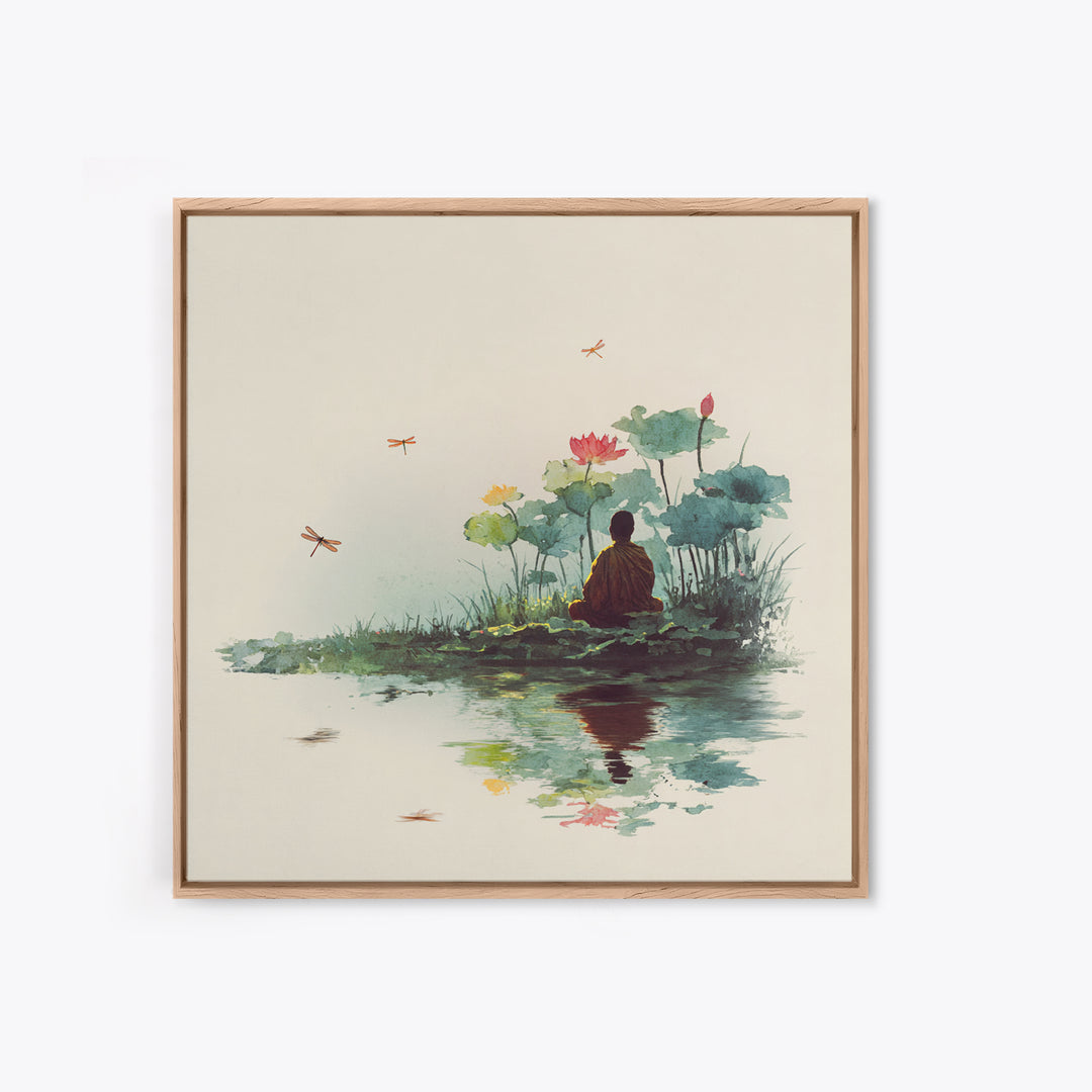 Meditation By Lotus Pond Wall Art, Peaceful Watercolor Landscape, Zen Mindfulness Decor, Yoga Studio Framed Canvas Print