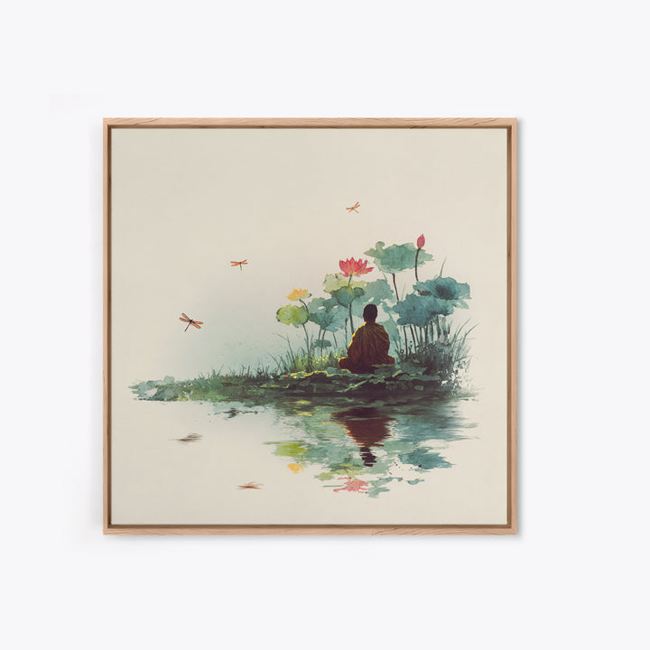 Meditation By Lotus Pond Wall Art, Peaceful Watercolor Landscape, Zen Mindfulness Decor, Yoga Studio Framed Canvas Print