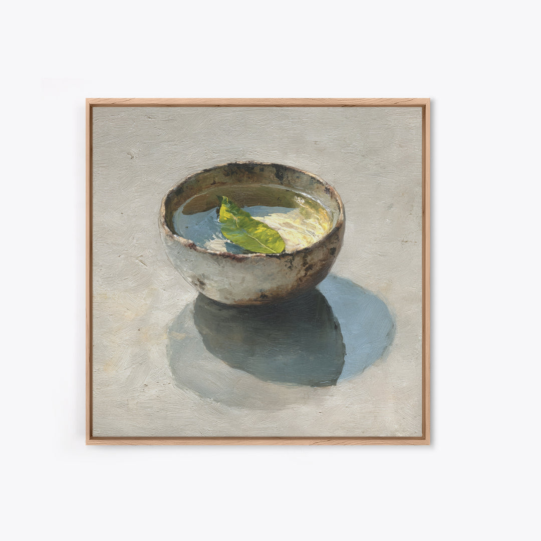 Rustic Tea Bowl Still Life Oil Painting Wall Art, Minimal Kitchen Decor, Neutral Modern Framed Canvas Print